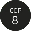 Musta pallo, jonka sisällä on teksti COP 8