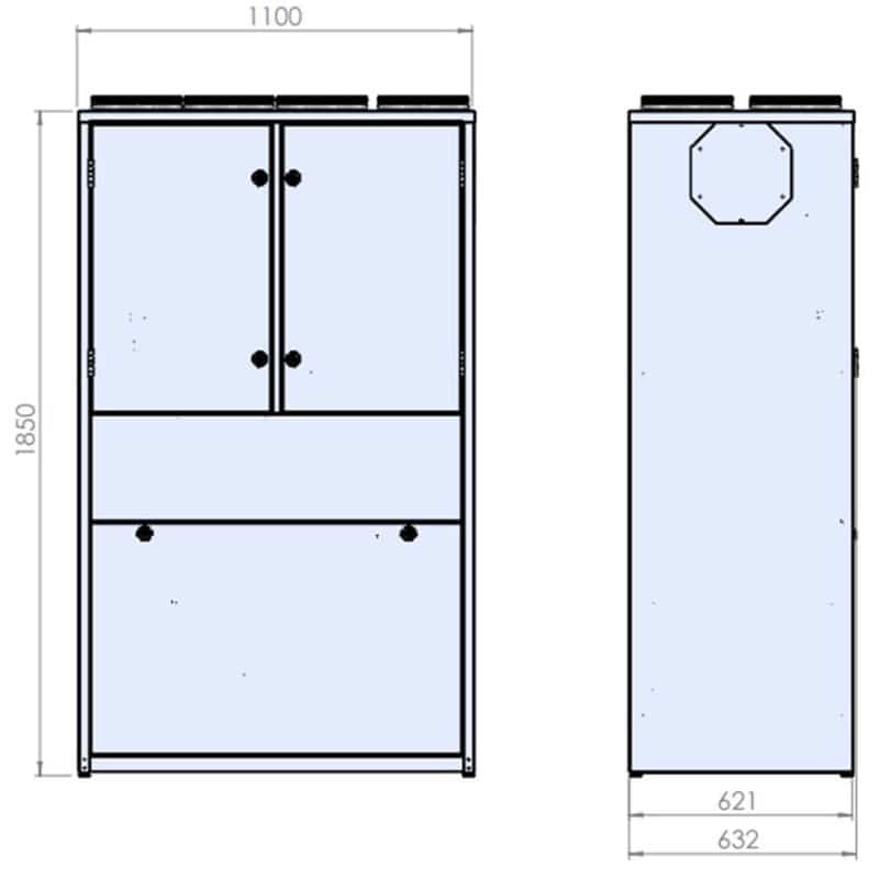 Nilan HCR800T laitteen mitat ilman ilmanjakoyksikköä: korkeus 185cm, pituus 110cm ja syvyys 63,2 cm.