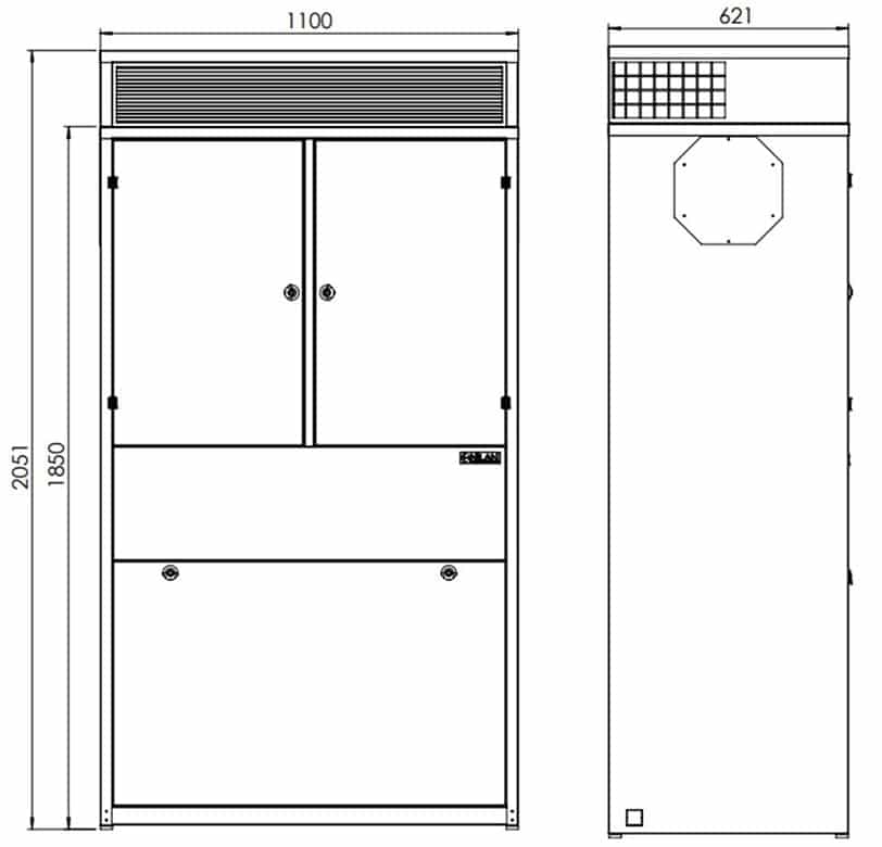 Nilan HCR800T laitteen mitat ilmanjakoyksikkön kanssa: korkeus 205,1cm, pituus 110cm ja syvyys 63,2 cm.